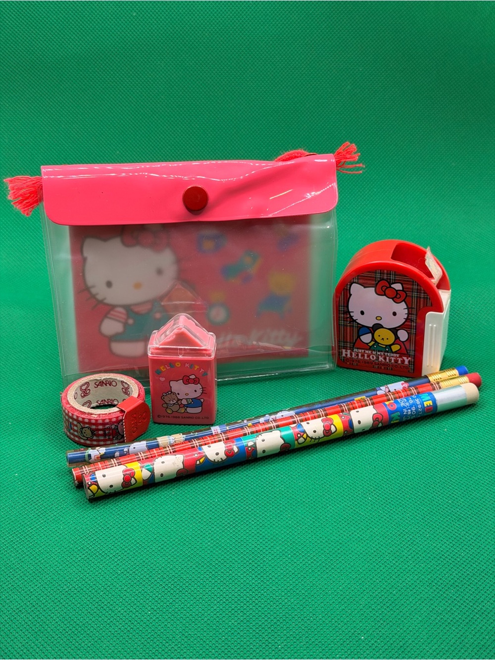 Vintage Sanrio Hello Kitty Stationery Lot Tape Dispenser Eraser Pencils Notepad